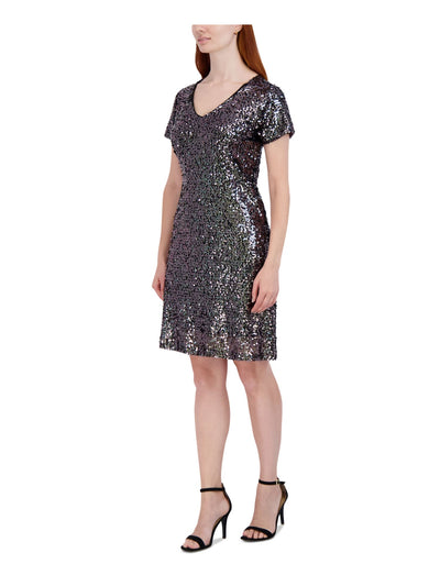 SIGNATURE BY ROBBIE BEE Womens Black Sequined Lined Pullover Short Sleeve V Neck Above The Knee Party Shift Dress Plus 1X