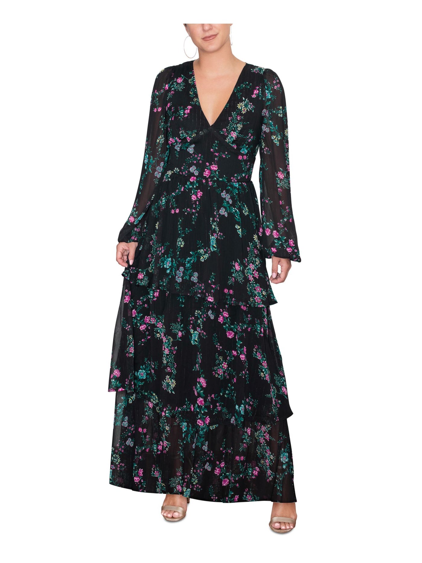 RACHEL RACHEL ROY Womens Black Zippered Lined Tiered Skirt Floral Long Sleeve V Neck Maxi Evening Sheath Dress 2