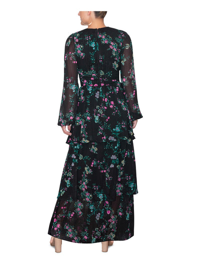 RACHEL RACHEL ROY Womens Black Zippered Lined Tiered Skirt Floral Long Sleeve V Neck Maxi Evening Sheath Dress 2