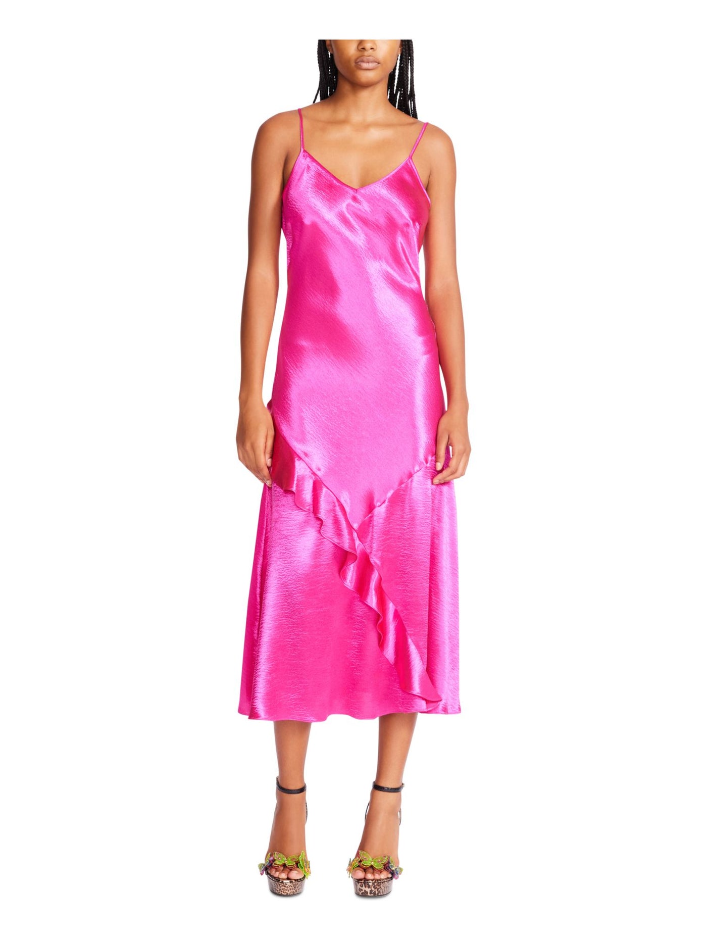 BETSEY JOHNSON Womens Pink Adjustable Unlined Bias Ruffle Pullover Spaghetti Strap V Neck Midi Party Sheath Dress M