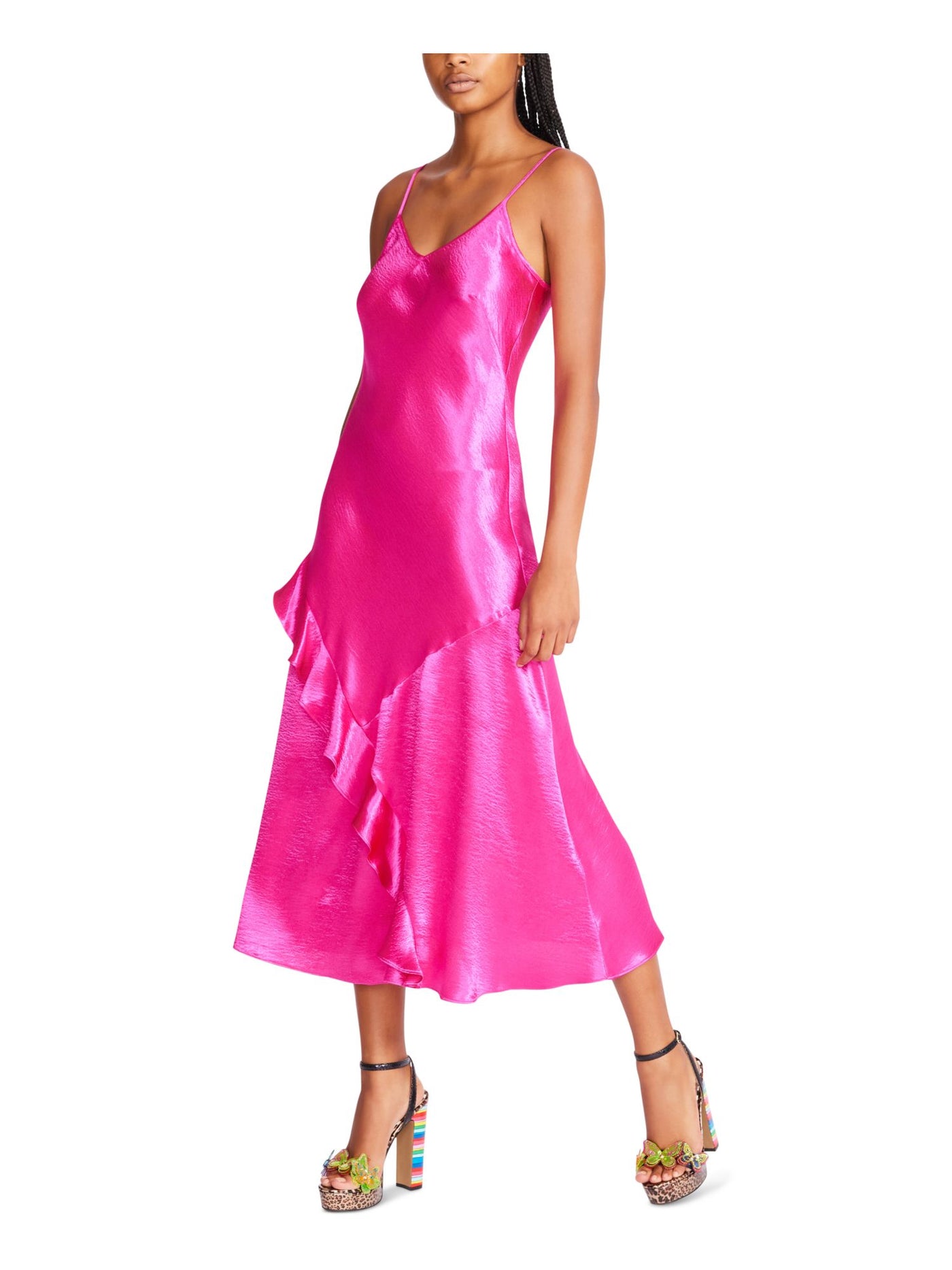 BETSEY JOHNSON Womens Pink Adjustable Unlined Bias Ruffle Pullover Spaghetti Strap V Neck Midi Party Sheath Dress M