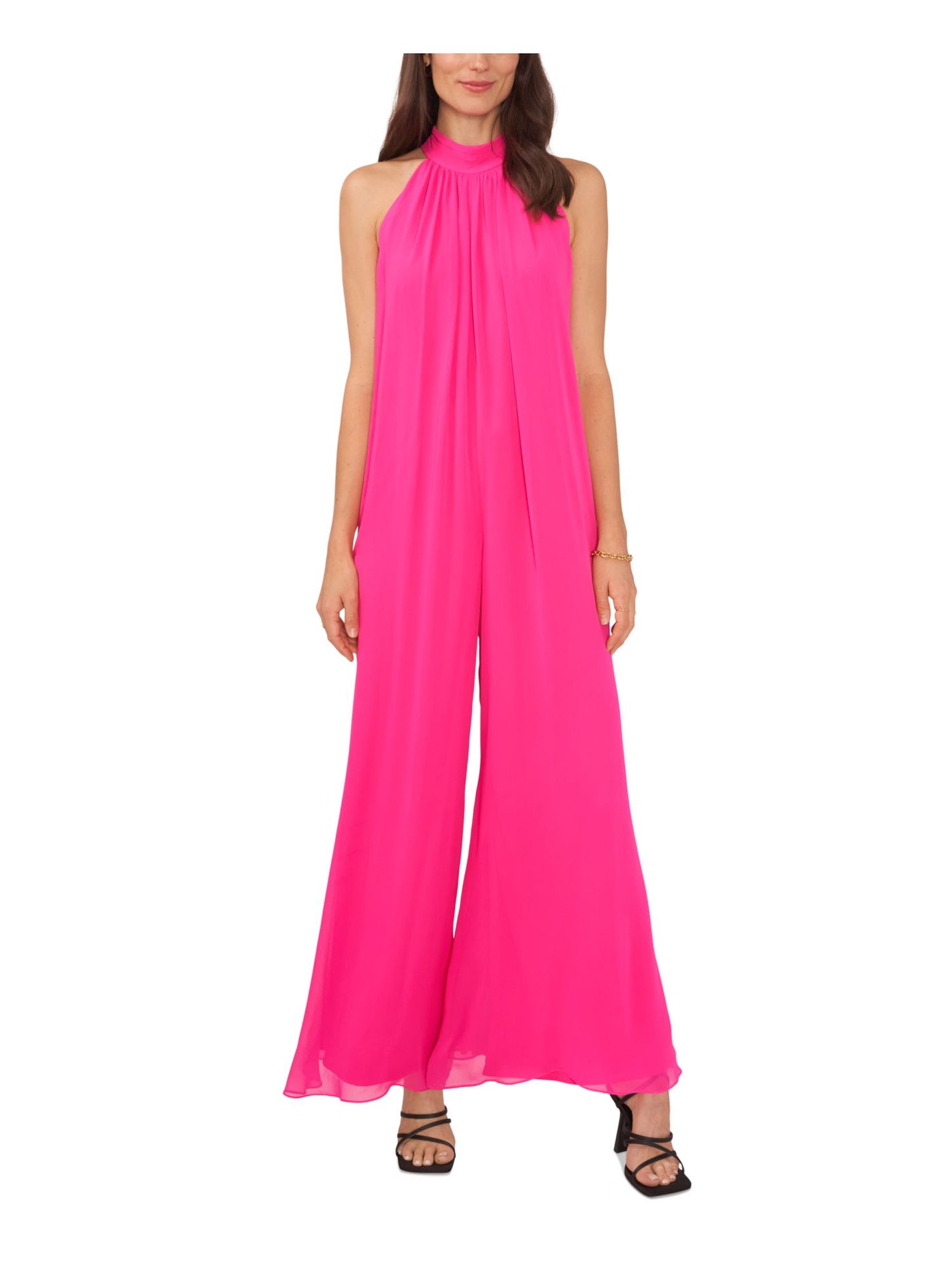 VINCE CAMUTO Womens Pink Zippered Tie Lined Sheer Sleeveless Halter Evening Wide Leg Jumpsuit S