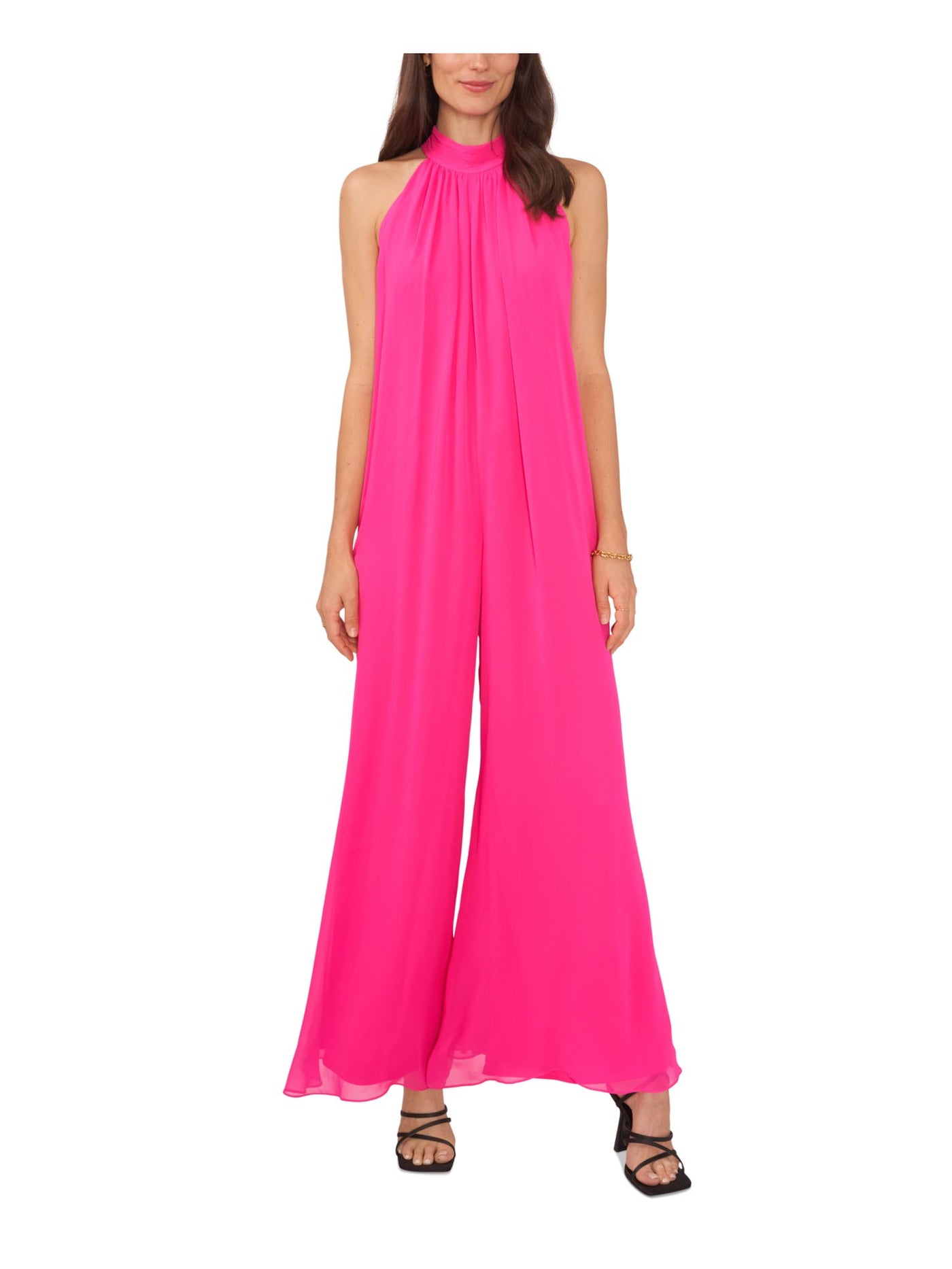 VINCE CAMUTO Womens Pink Zippered Tie Lined Sheer Sleeveless Halter Evening Wide Leg Jumpsuit XS