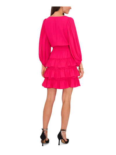 VINCE CAMUTO Womens Pink Smocked Ruffled Tiered Skirt Lined Balloon Sleeve V Neck Short Party Fit + Flare Dress XS