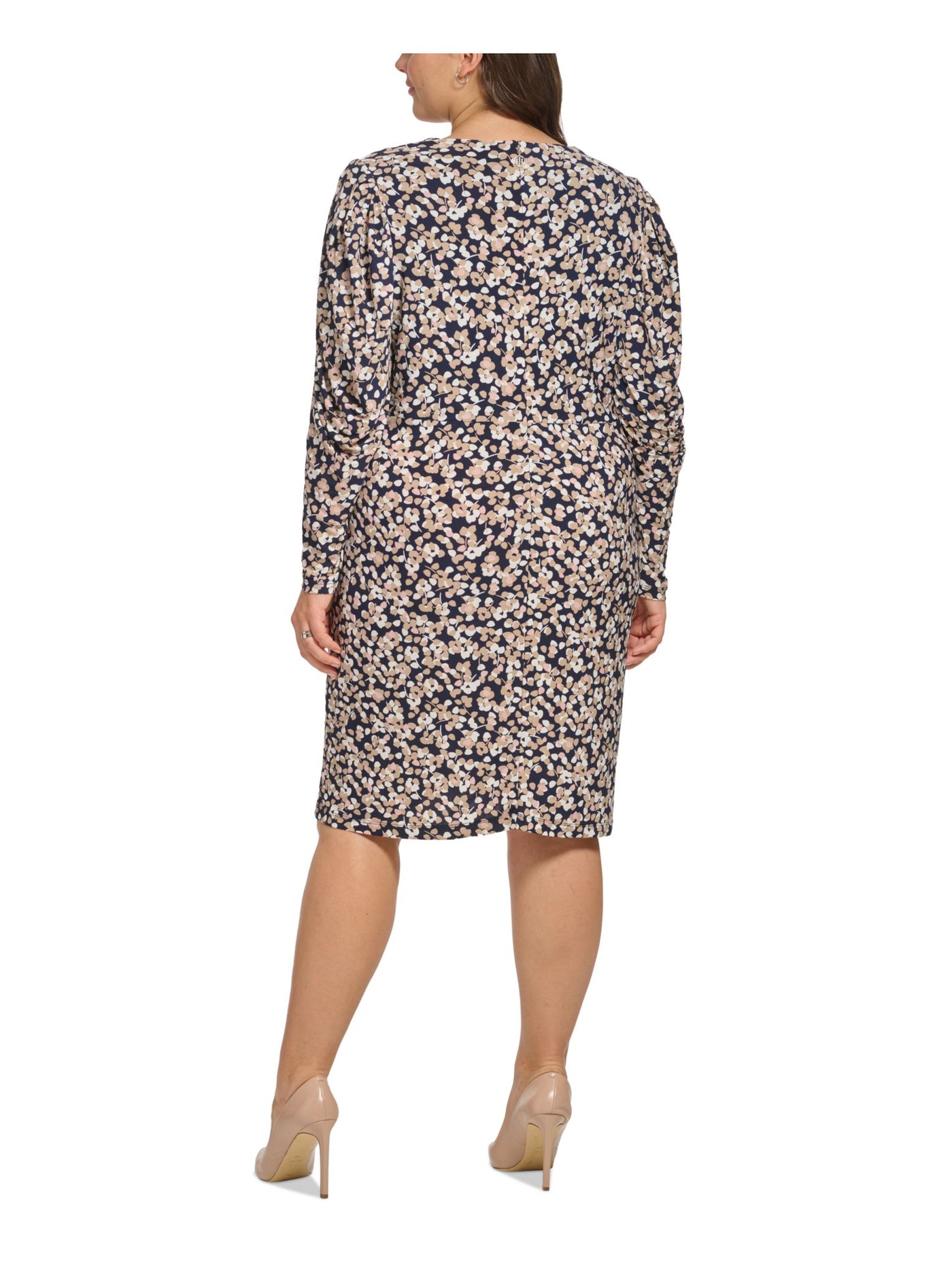 TOMMY HILFIGER Womens Navy Zippered Wrap Look Floral Long Sleeve Surplice Neckline Knee Length Fit + Flare Dress Plus 18W