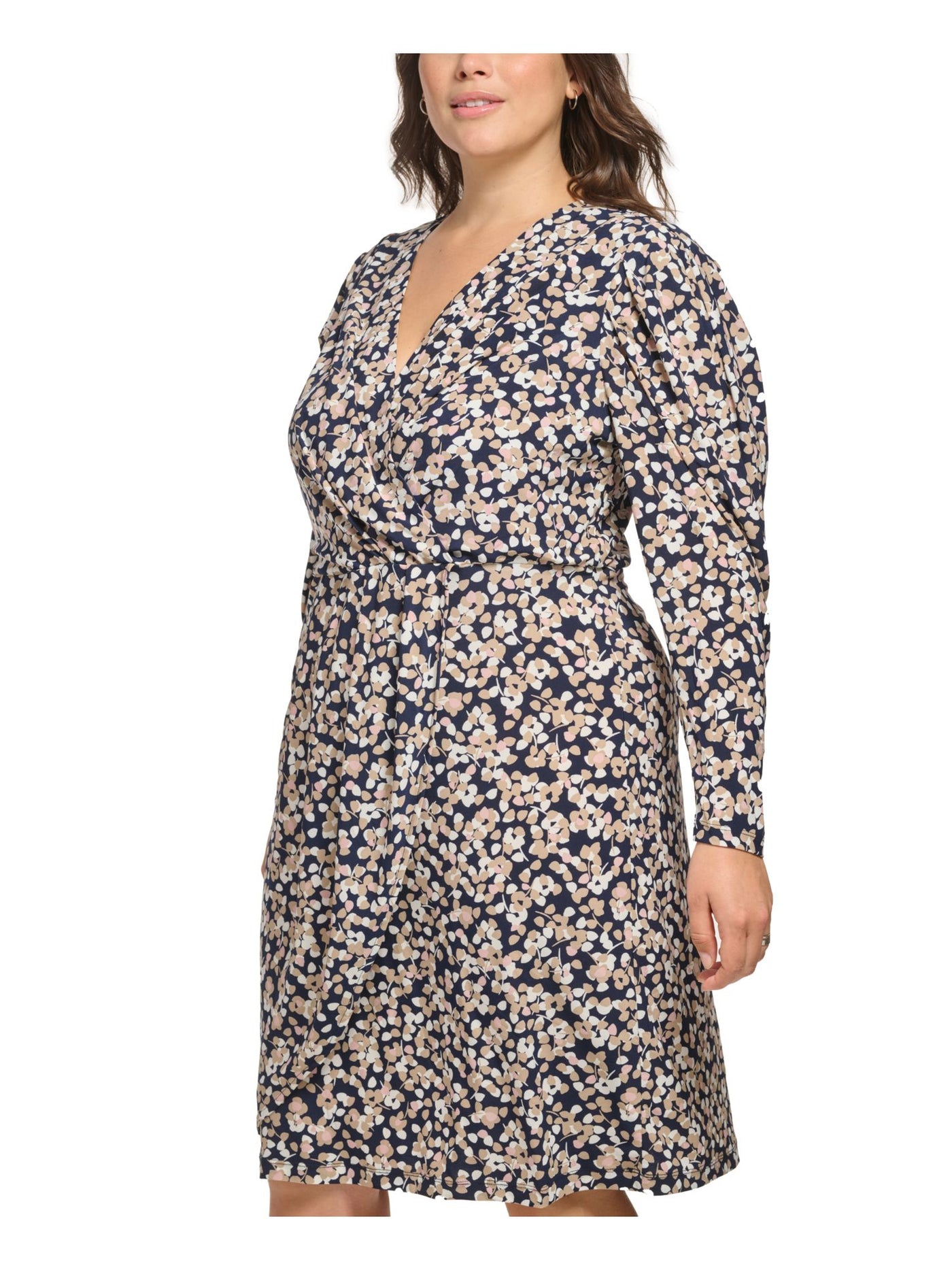 TOMMY HILFIGER Womens Navy Zippered Wrap Look Floral Long Sleeve Surplice Neckline Knee Length Fit + Flare Dress Plus 18W