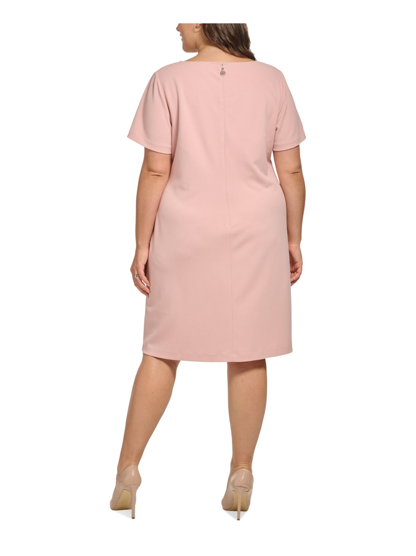 TOMMY HILFIGER Womens Pink Cut Out Zippered Darted Center Seams Short Sleeve Square Neck Knee Length Wear To Work Shift Dress Plus 18W