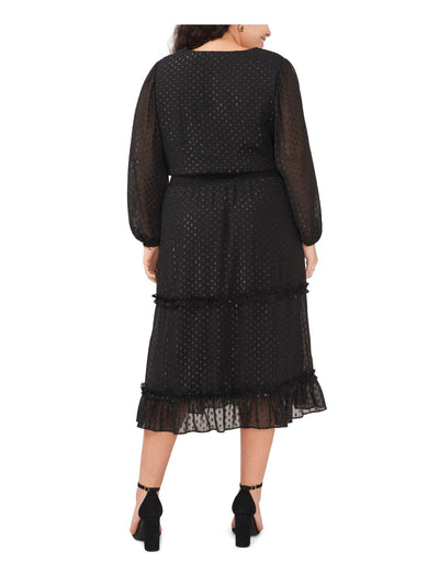 MSK WOMEN Womens Black Textured Lined Smocked Waist Tiered Blouson Sleeve V Neck Midi Wear To Work Fit + Flare Dress Plus 1X