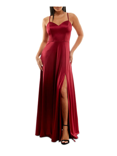CITY STUDIO Womens Burgundy Slitted Spaghetti Strap Full-Length Formal Fit + Flare Dress Juniors 0