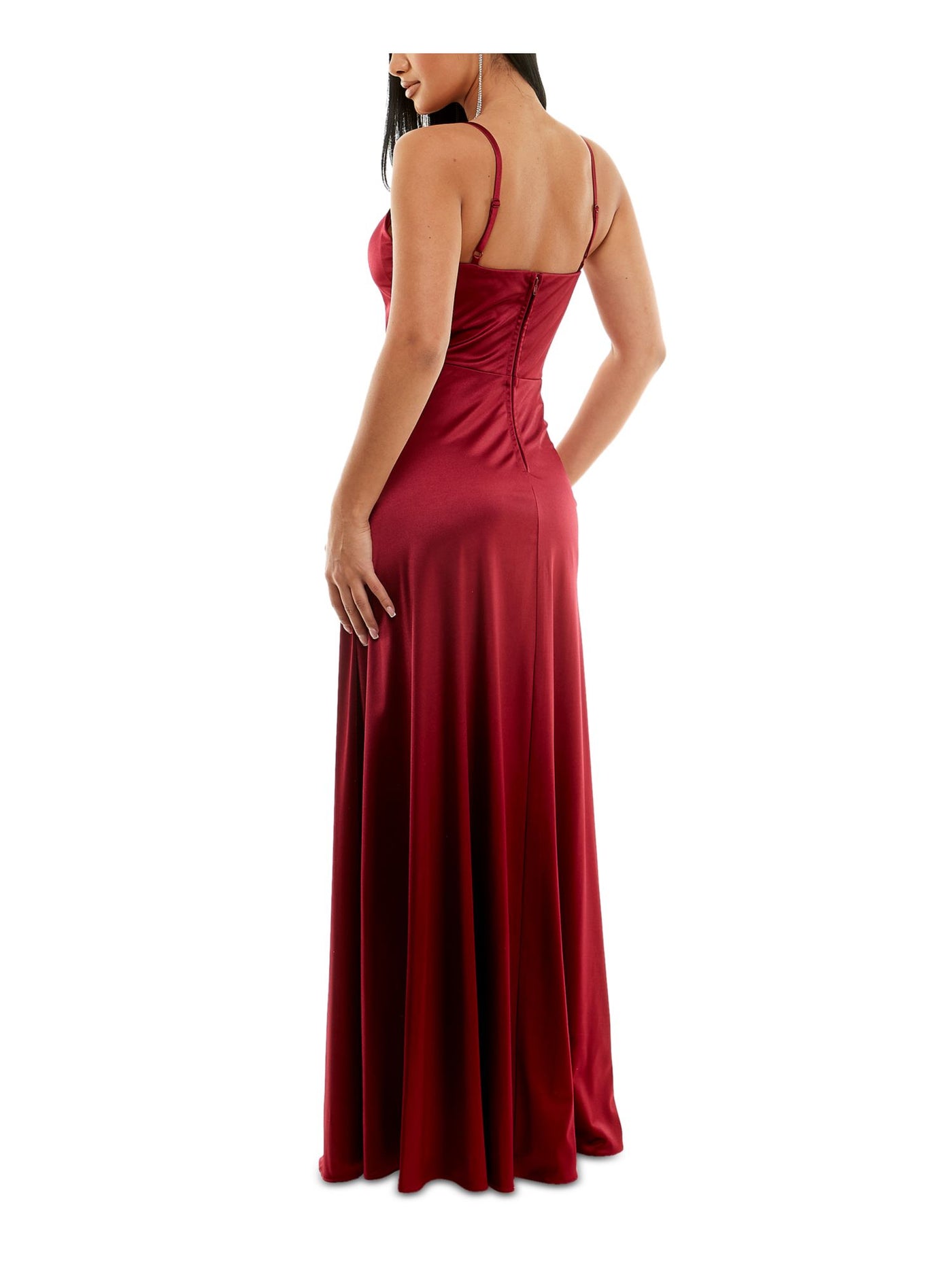 CITY STUDIO Womens Burgundy Slitted Spaghetti Strap Full-Length Formal Fit + Flare Dress 1