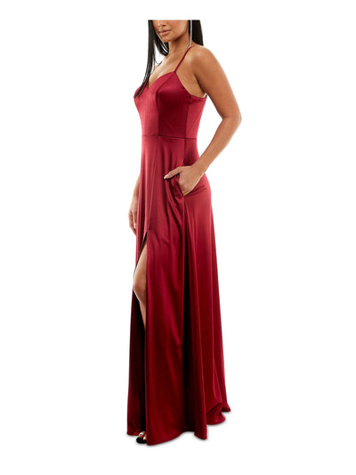 CITY STUDIO Womens Burgundy Slitted Spaghetti Strap Full-Length Formal Fit + Flare Dress 1