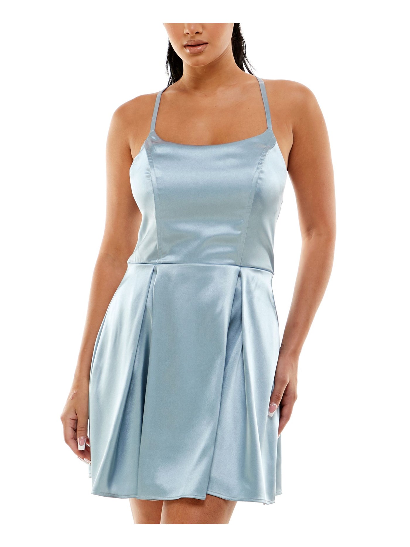 SPEECHLESS Womens Light Blue Stretch Zippered Pleated Strappy-back Satin Tie Spaghetti Strap Scoop Neck Mini Party Fit + Flare Dress Juniors 7