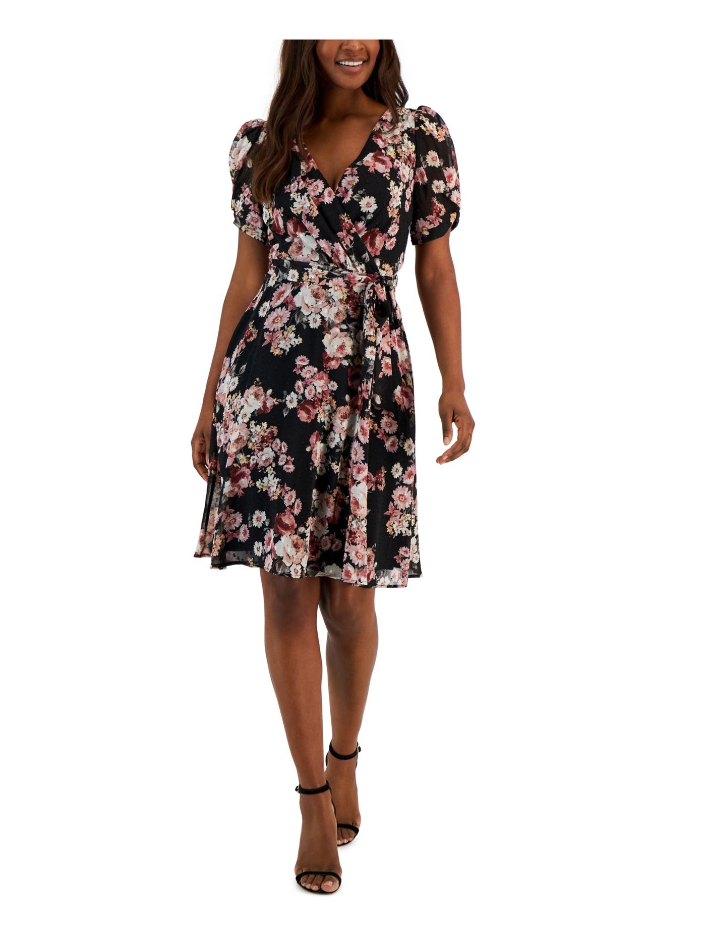 CONNECTED APPAREL Womens Black Zippered Lined Sheer Tie Belt Floral Short Sleeve Surplice Neckline Above The Knee Fit + Flare Dress 4