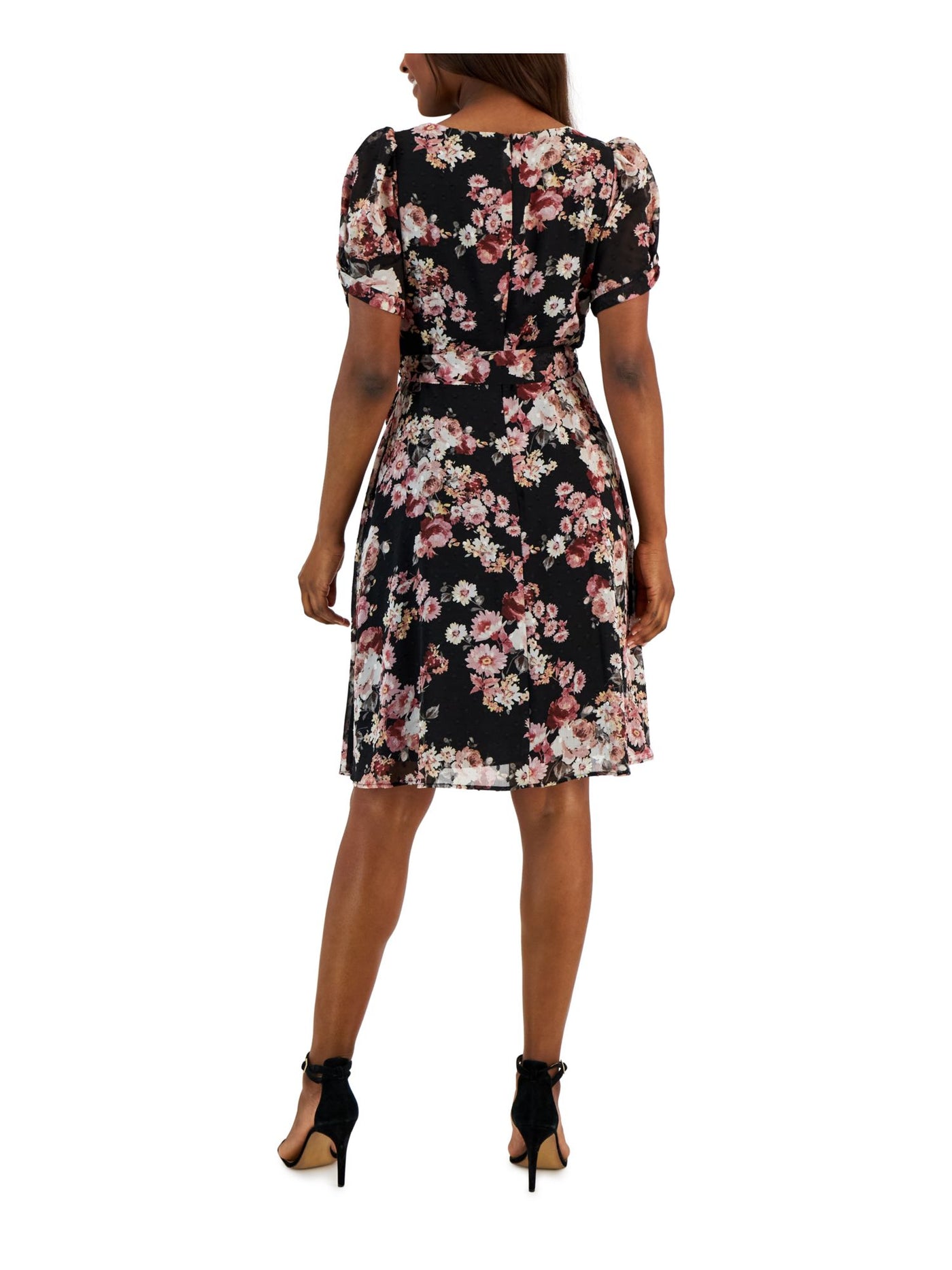 CONNECTED APPAREL Womens Black Zippered Lined Sheer Tie Belt Floral Short Sleeve Surplice Neckline Above The Knee Fit + Flare Dress 4