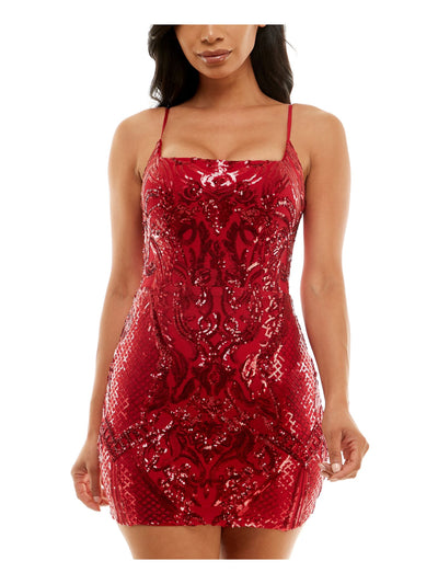 B DARLIN Womens Red Zippered Lined Spaghetti Strap Square Neck Mini Party Body Con Dress Juniors 9\10