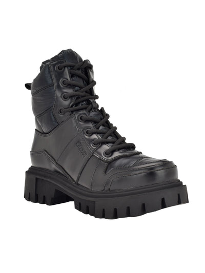 GUESS Womens Black 1" Platform Back Pull-Tab Lug Sole Padded Tisley Round Toe Block Heel Lace-Up Combat Boots 6 M