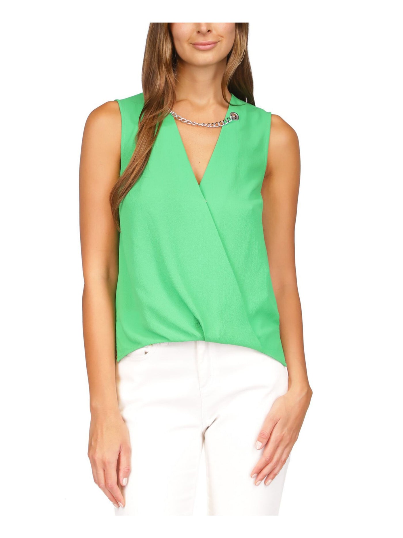 MICHAEL MICHAEL KORS Womens Green Textured Chain Detail Vented Hi-lo Hem Sleeveless Surplice Neckline Faux Wrap Top XS