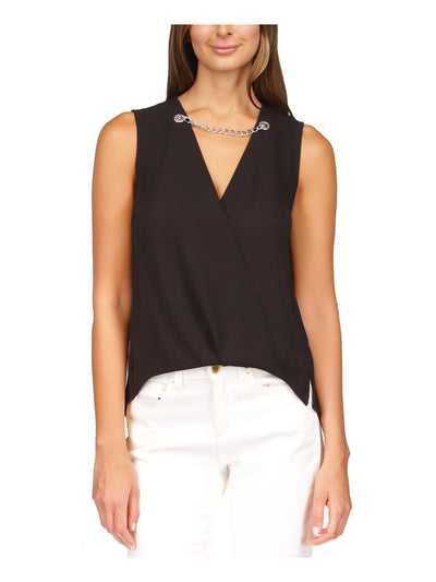 MICHAEL MICHAEL KORS Womens Black Textured Chain Detail Vented Hi-lo Hem Sleeveless Surplice Neckline Faux Wrap Top XS