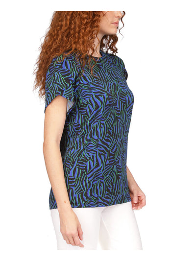 MICHAEL MICHAEL KORS Womens Blue Printed Petal Sleeve Round Neck Top Petites PXS