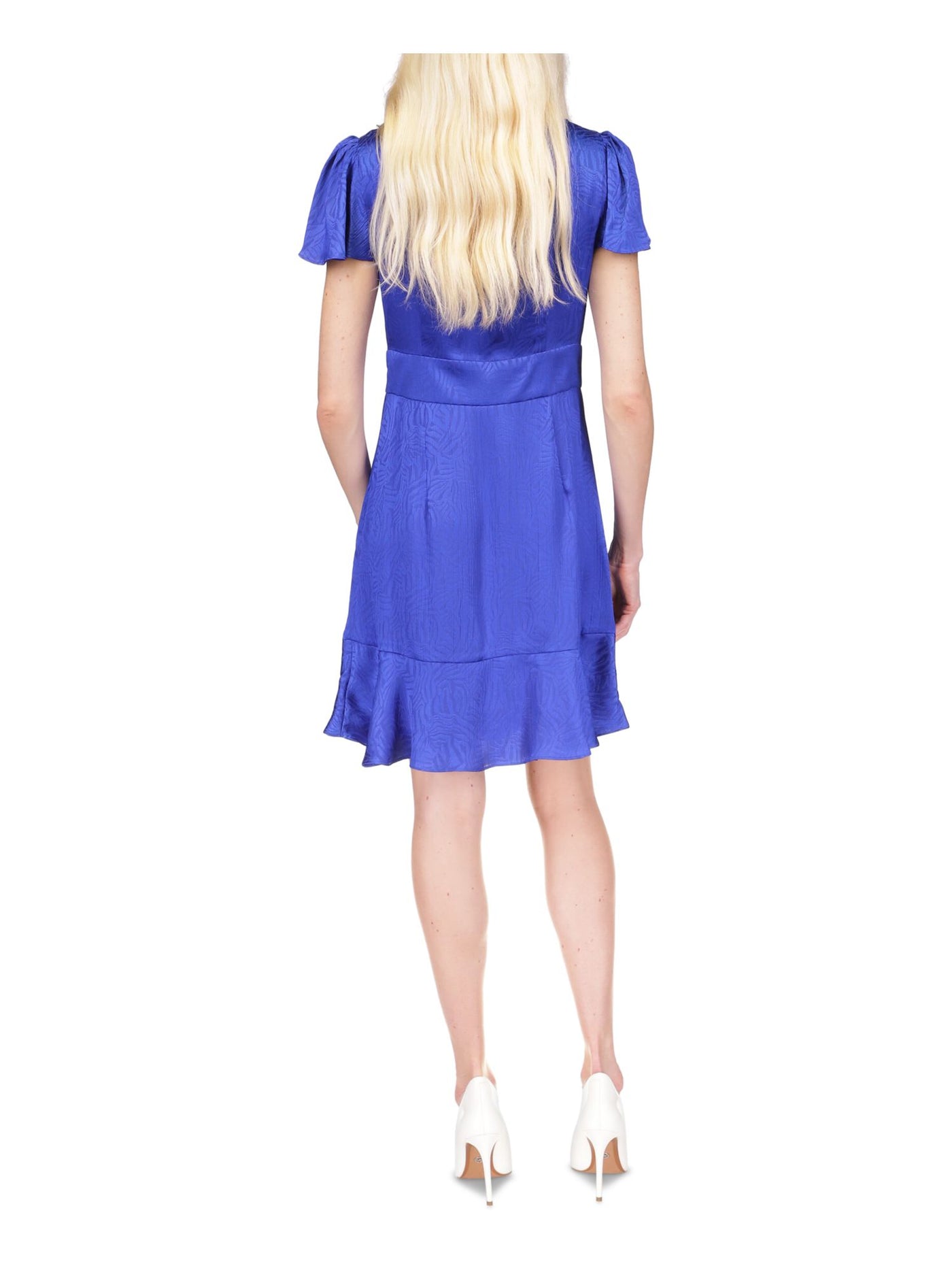 MICHAEL MICHAEL KORS Womens Blue Tie Cut Out Ruffled Hem Flutter Sleeve V Neck Above The Knee Cocktail Fit + Flare Dress 10