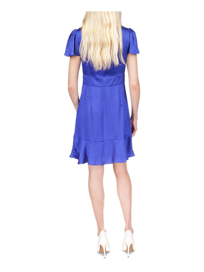 MICHAEL MICHAEL KORS Womens Blue Tie Cut Out Ruffled Hem Flutter Sleeve V Neck Above The Knee Cocktail Fit + Flare Dress 0