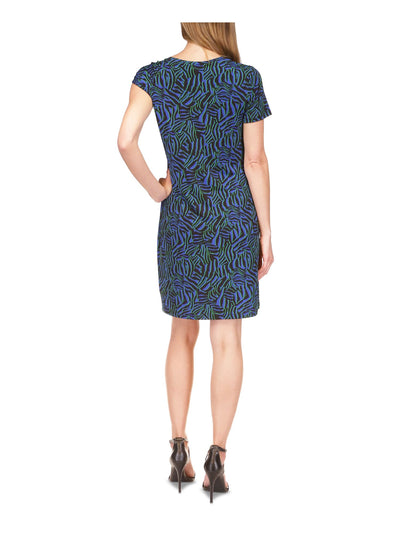 MICHAEL MICHAEL KORS Womens Blue Unlined Pullover O-ring Detail Printed Short Sleeve Asymmetrical Neckline Short Party Sheath Dress S