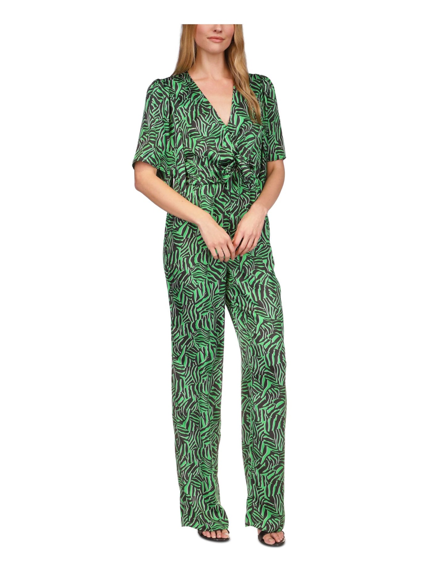 MICHAEL MICHAEL KORS Womens Green Ruffled Unlined Pocketed Tie Animal Print Short Sleeve Surplice Neckline Wide Leg Jumpsuit S