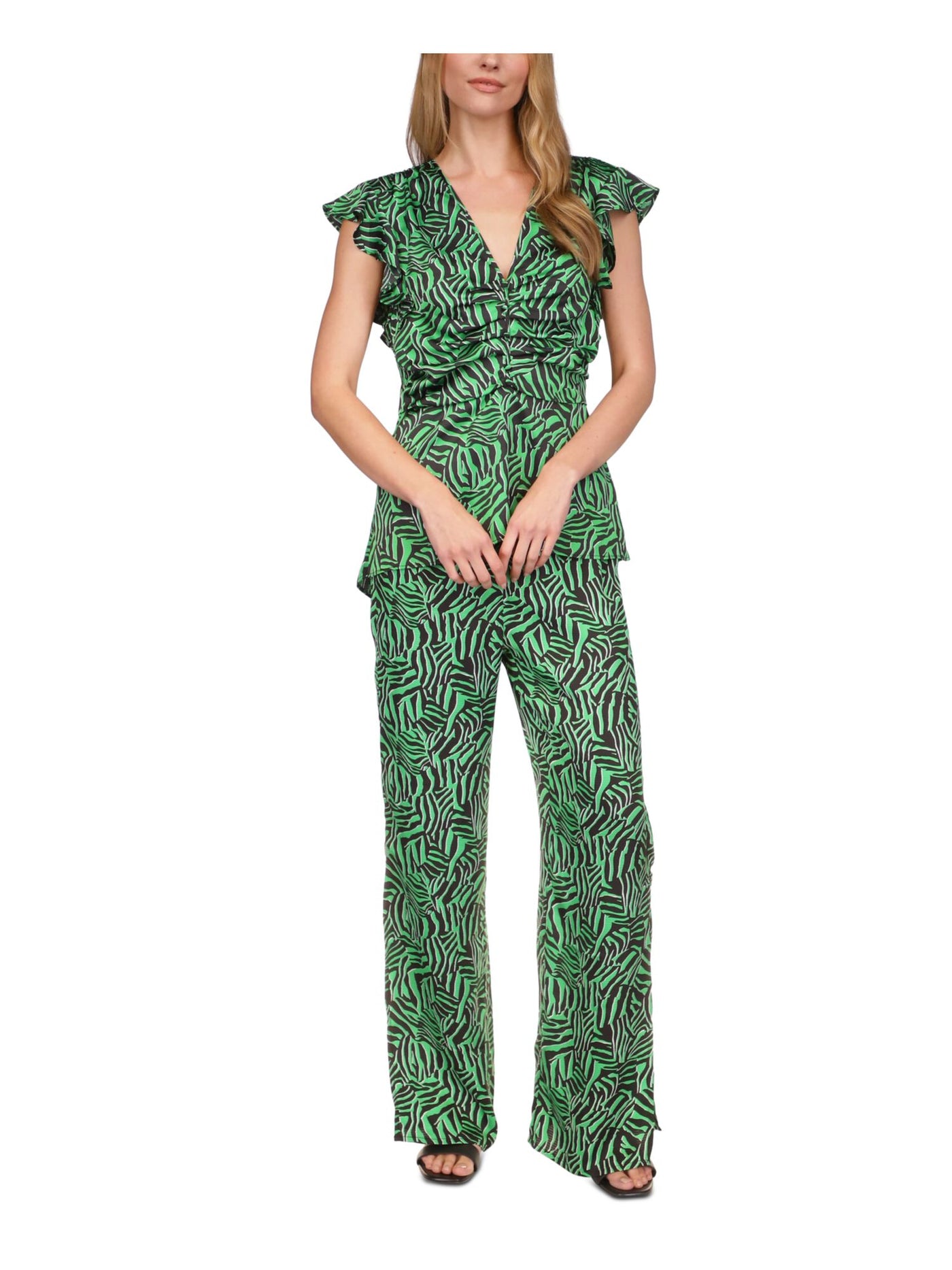 MICHAEL MICHAEL KORS Womens Green Pocketed Drawstring Waist High Side Slits Printed Wide Leg Pants S
