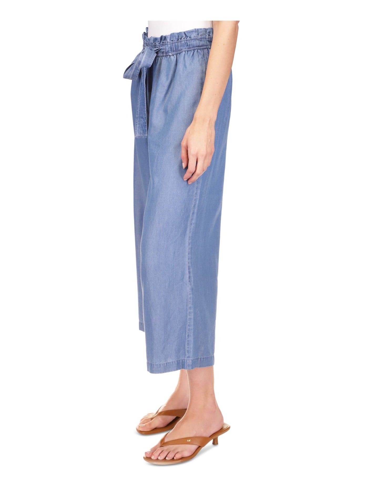 MICHAEL MICHAEL KORS Womens Blue Pocketed Paper Bag Elastic Waist Wide Leg Pants L