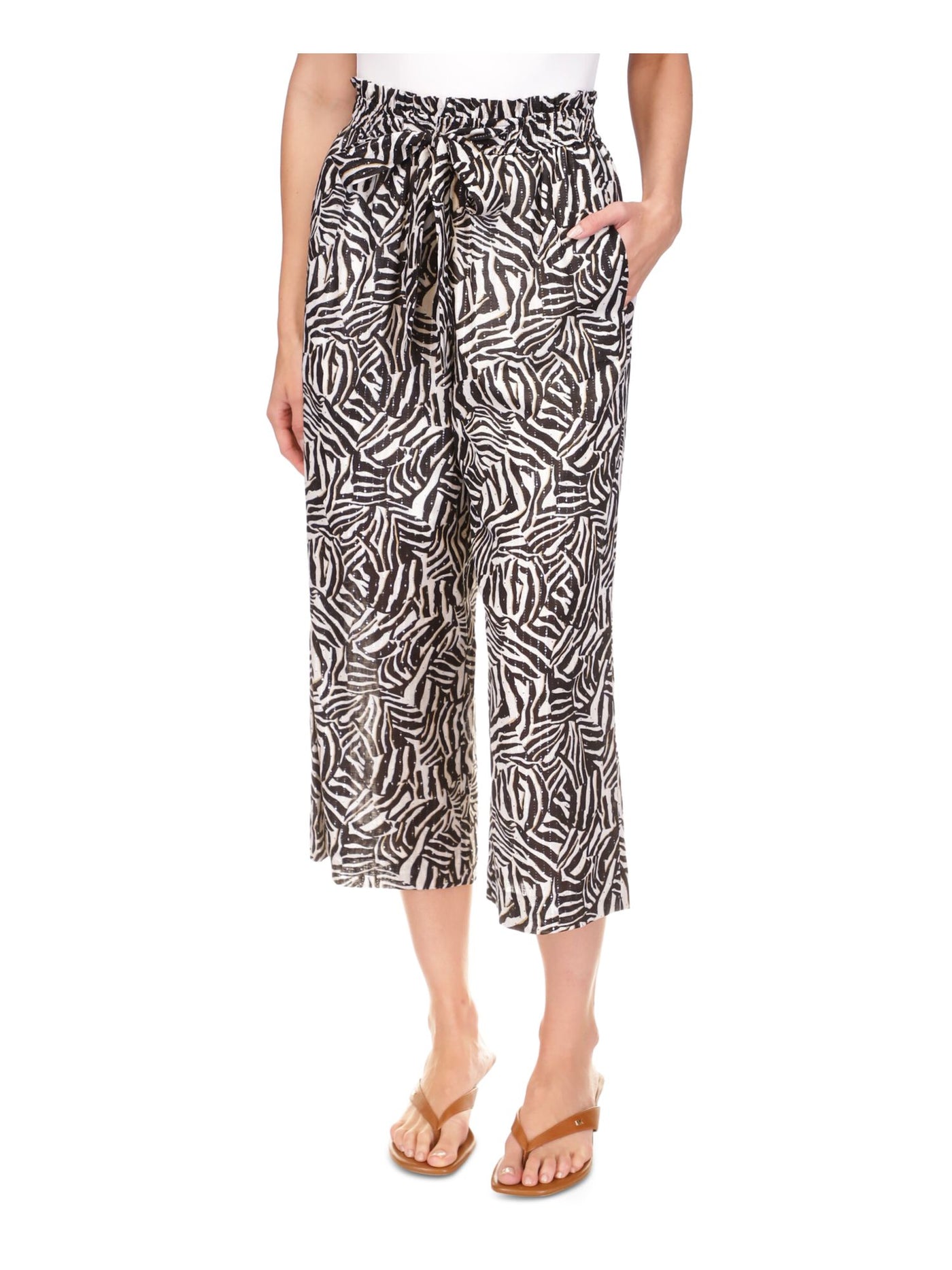 MICHAEL MICHAEL KORS Womens White Pocketed Lined Paper Bag Elastic Waist Drawstri Animal Print Cropped Pants M