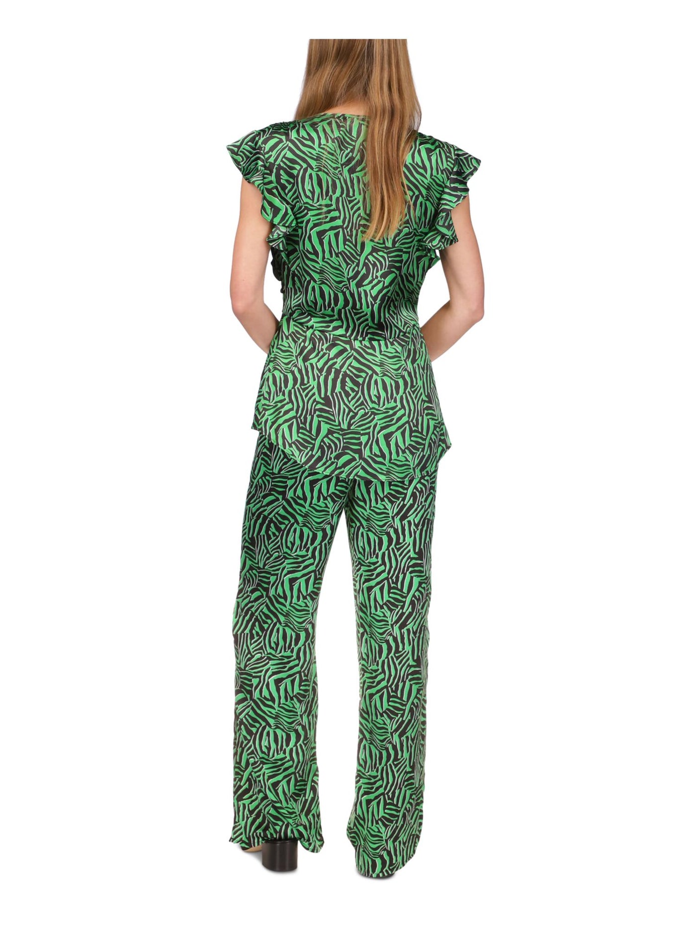 MICHAEL MICHAEL KORS Womens Green Zippered Ruffled Flutter Sleeve V Neck Blouse XL