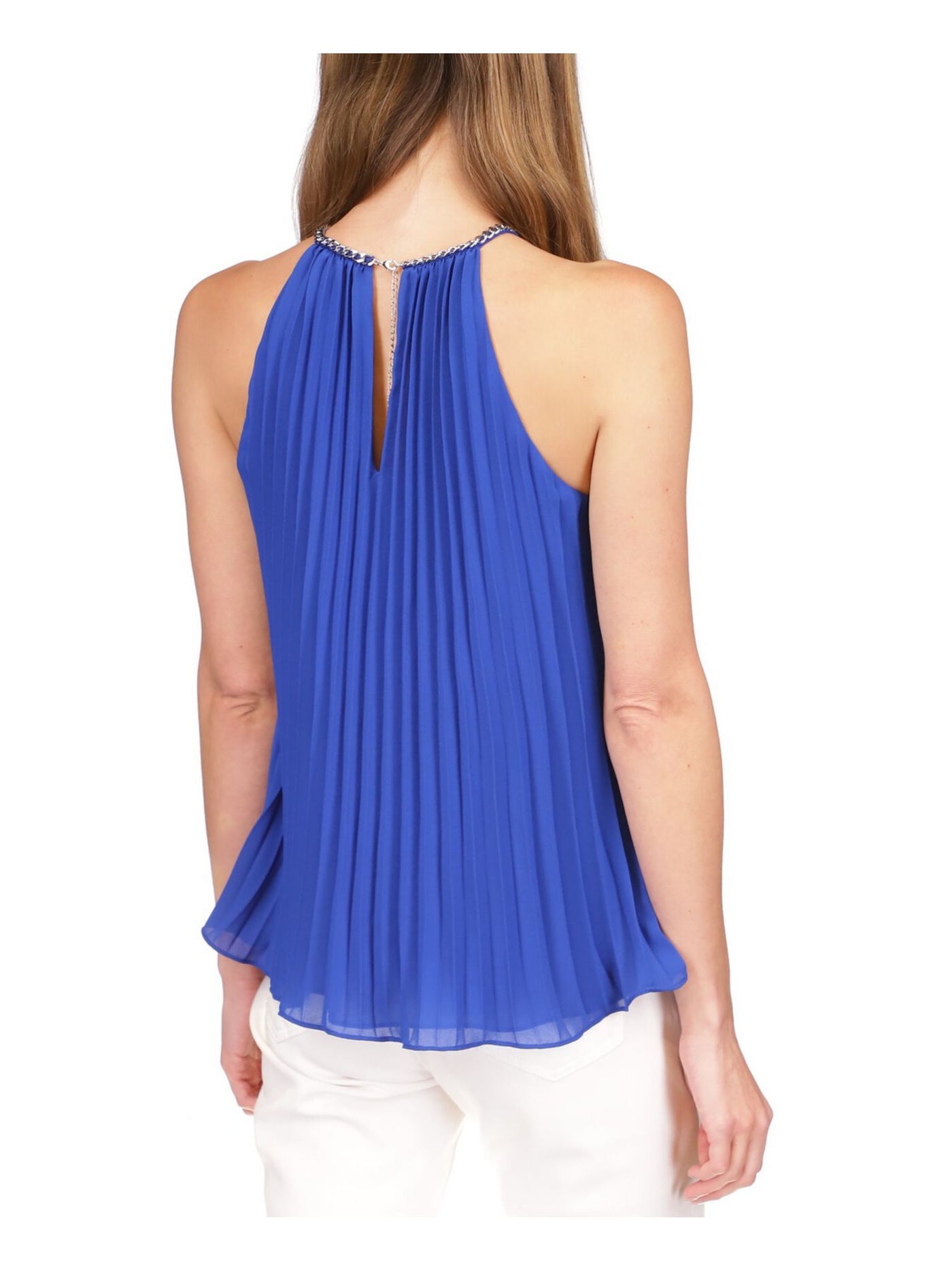 MICHAEL MICHAEL KORS Womens Blue Pleated Lined Chain Detail Sleeveless Halter Top L