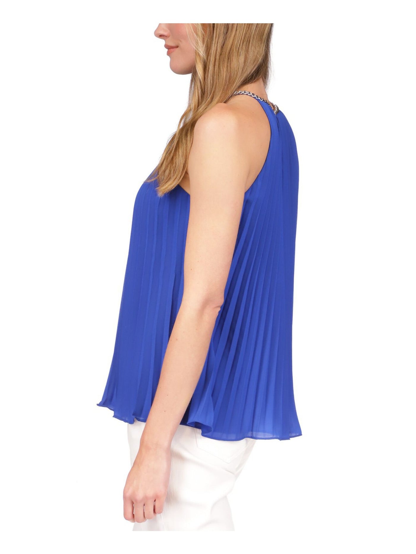 MICHAEL MICHAEL KORS Womens Blue Pleated Lined Chain Detail Sleeveless Halter Top S