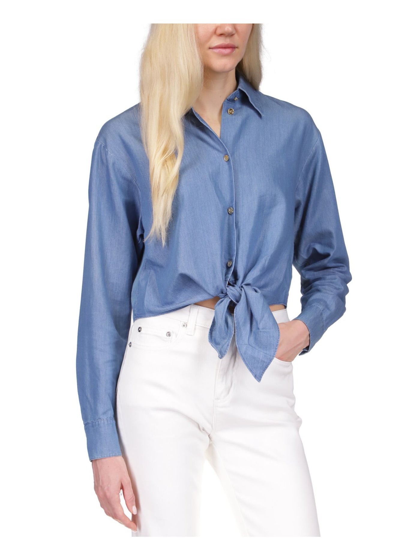MICHAEL MICHAEL KORS Womens Blue Cuffed Sleeve Collared Button Up Top S