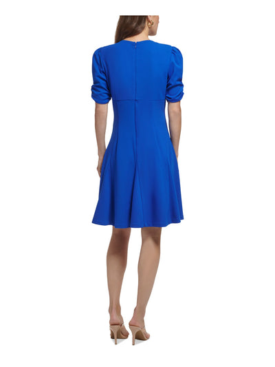 DKNY Womens Blue Zippered Twist Front Godet Panel Hem Short Sleeve Asymmetrical Neckline Above The Knee Party Fit + Flare Dress 2