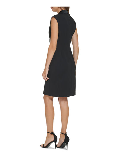 DKNY Womens Black Pleated Lined Notched Collar Button Front Sleeveless V Neck Above The Knee Cocktail Sheath Dress 4
