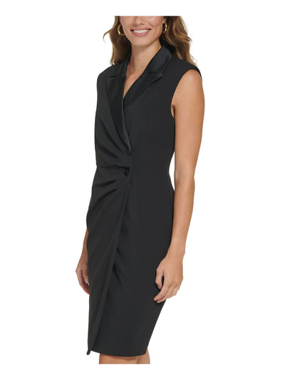 DKNY Womens Black Pleated Lined Notched Collar Button Front Sleeveless V Neck Above The Knee Cocktail Sheath Dress 4