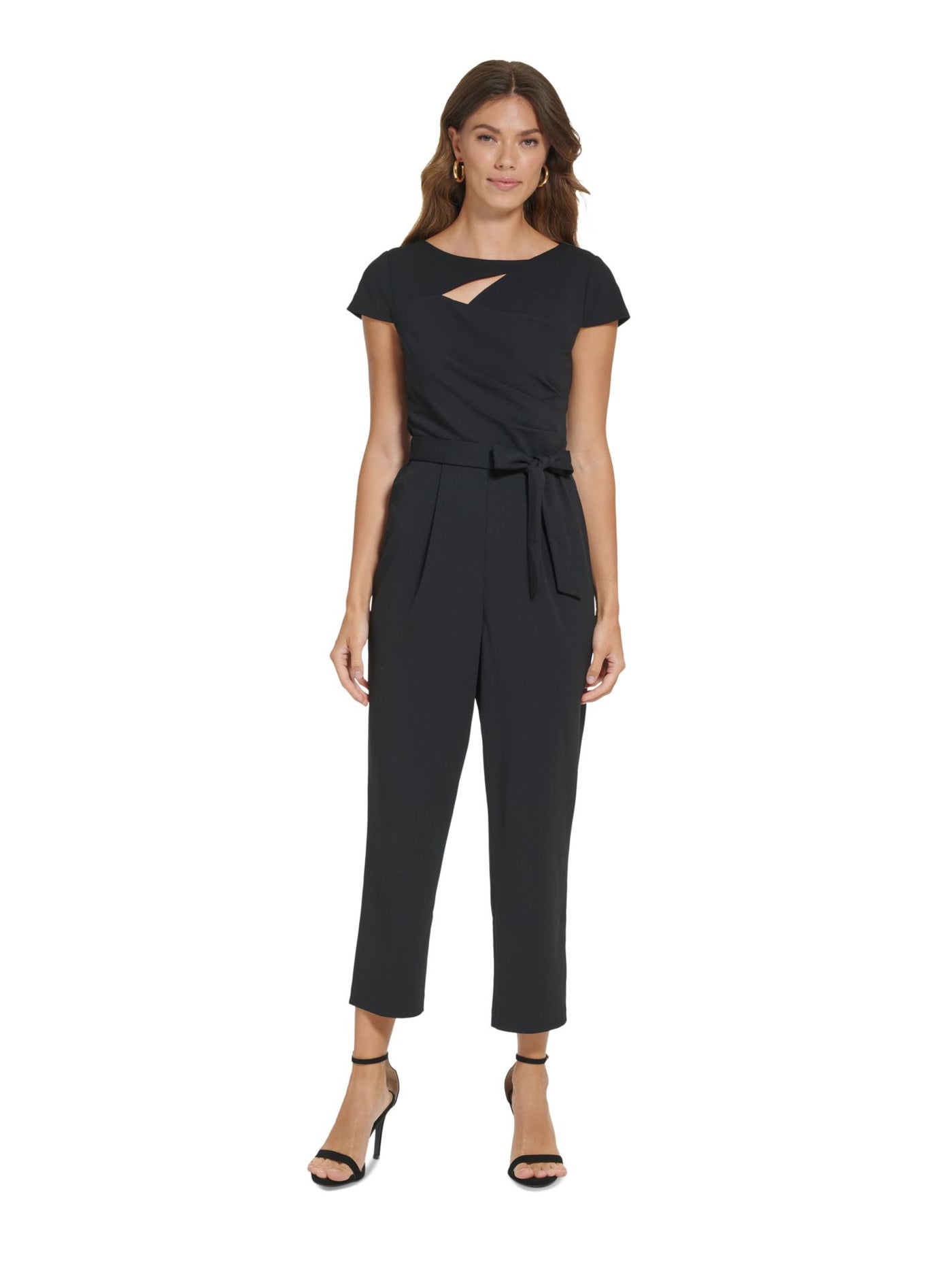 DKNY Womens Black Cut Out Zippered Tie-belt Pleated Cap Sleeve Boat Neck Wear To Work Cropped Jumpsuit 8