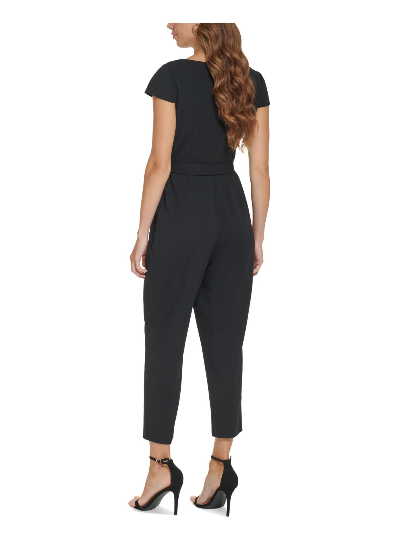 DKNY Womens Black Cut Out Zippered Tie-belt Pleated Cap Sleeve Boat Neck Wear To Work Cropped Jumpsuit 8