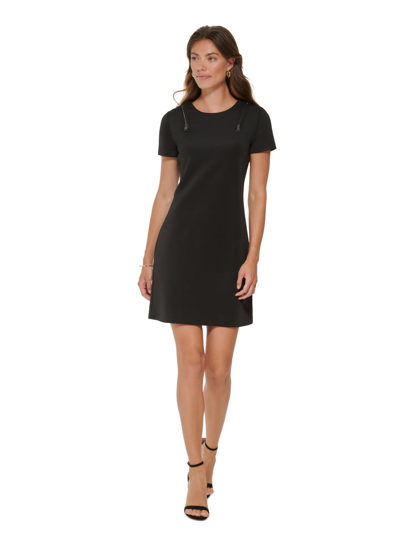 DKNY Womens Black Zippered Unlined Short Sleeve Round Neck Short Sheath Dress 10