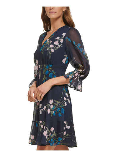 DKNY Womens Navy Zippered Lined Sheer Floral 3/4 Sleeve V Neck Above The Knee Fit + Flare Dress 2