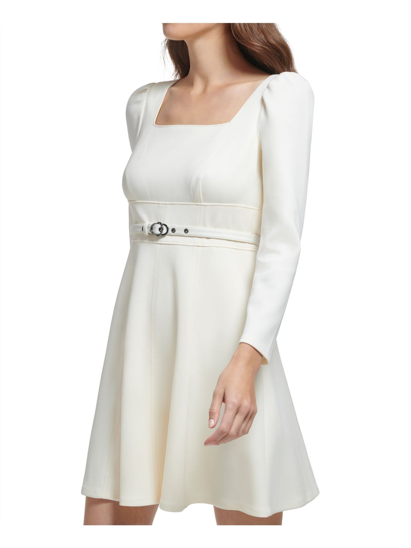 DKNY Womens Ivory Belted Unlined Bracelet Length Sleeves Square Neck Above The Knee Party Fit + Flare Dress 4