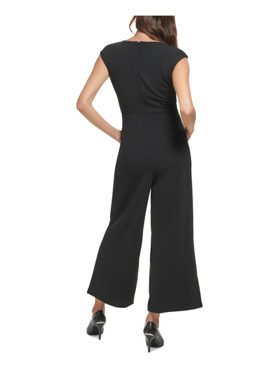 CALVIN KLEIN Womens Black Zippered Pocketed Cutout Knot Detail Sleeveless Round Neck Wear To Work Wide Leg Jumpsuit 6