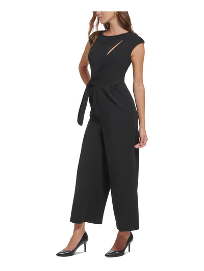 CALVIN KLEIN Womens Black Zippered Pocketed Cutout Knot Detail Sleeveless Round Neck Wear To Work Wide Leg Jumpsuit 6