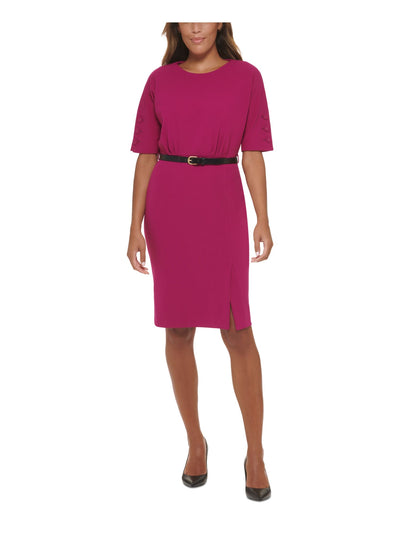 CALVIN KLEIN Womens Pink Zippered Slitted Short Sleeve Crew Neck Knee Length Wear To Work Sheath Dress 6