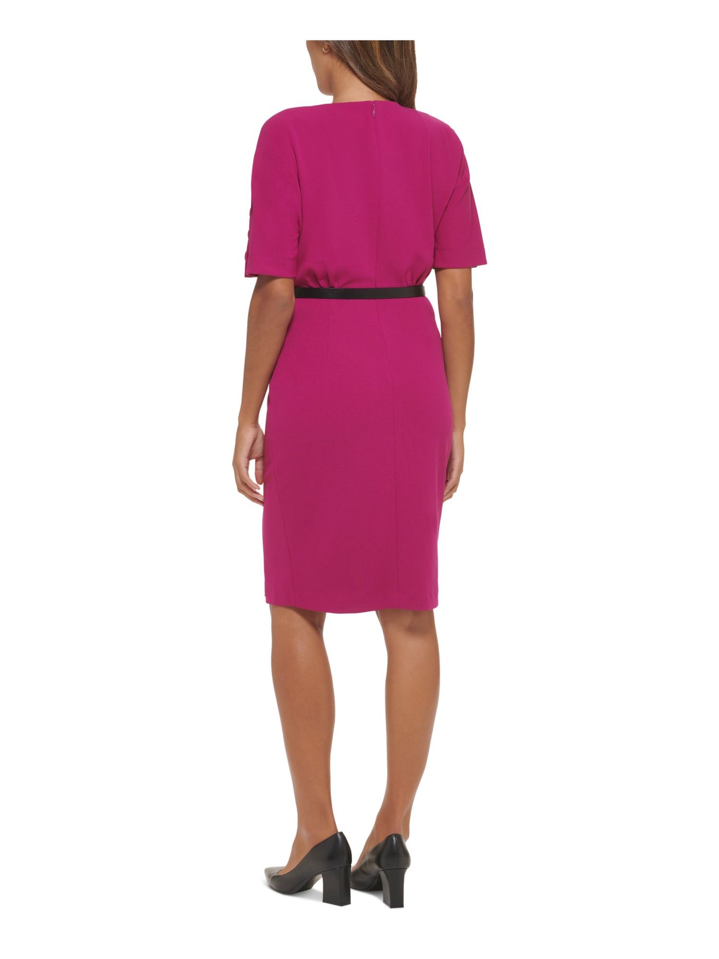 CALVIN KLEIN Womens Pink Zippered Slitted Short Sleeve Crew Neck Knee Length Wear To Work Sheath Dress 6