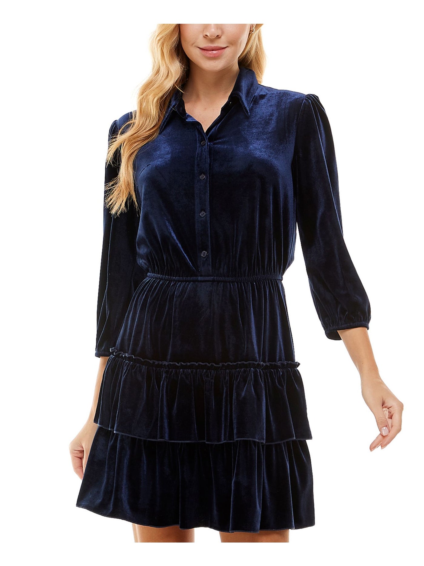 CITY STUDIO Womens Navy 3/4 Sleeve Point Collar Above The Knee Fit + Flare Dress Juniors XS