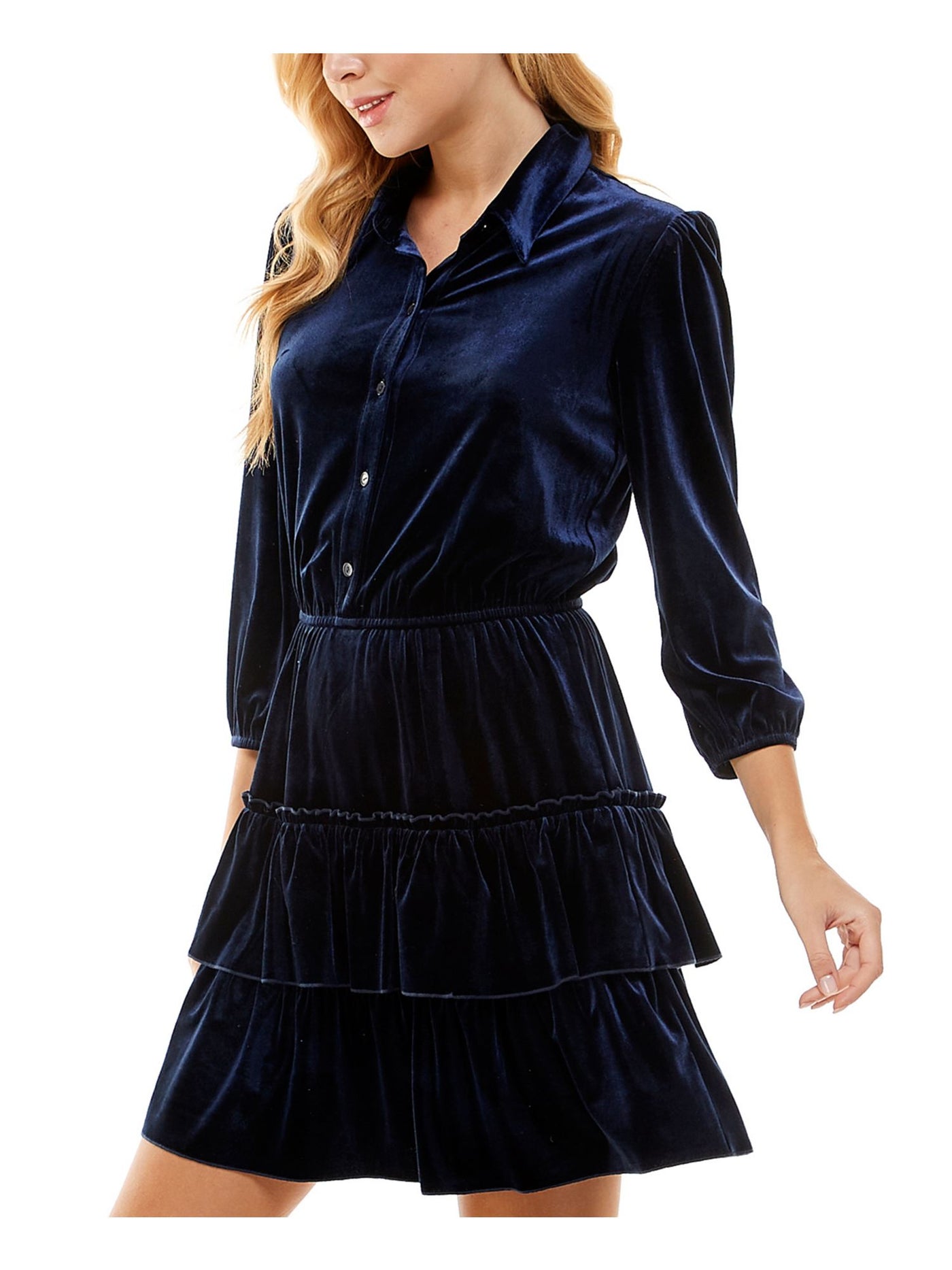 CITY STUDIO Womens Navy 3/4 Sleeve Point Collar Above The Knee Fit + Flare Dress Juniors L