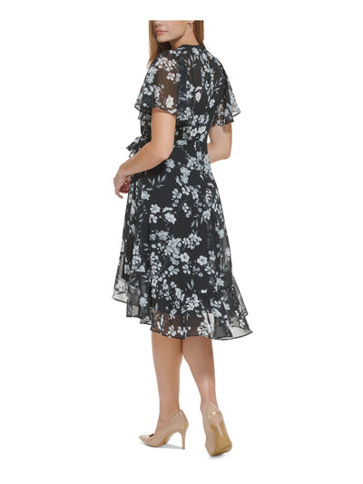 CALVIN KLEIN Womens Black Zippered Lined Floral Short Sleeve Surplice Neckline Knee Length Wear To Work Faux Wrap Dress 12