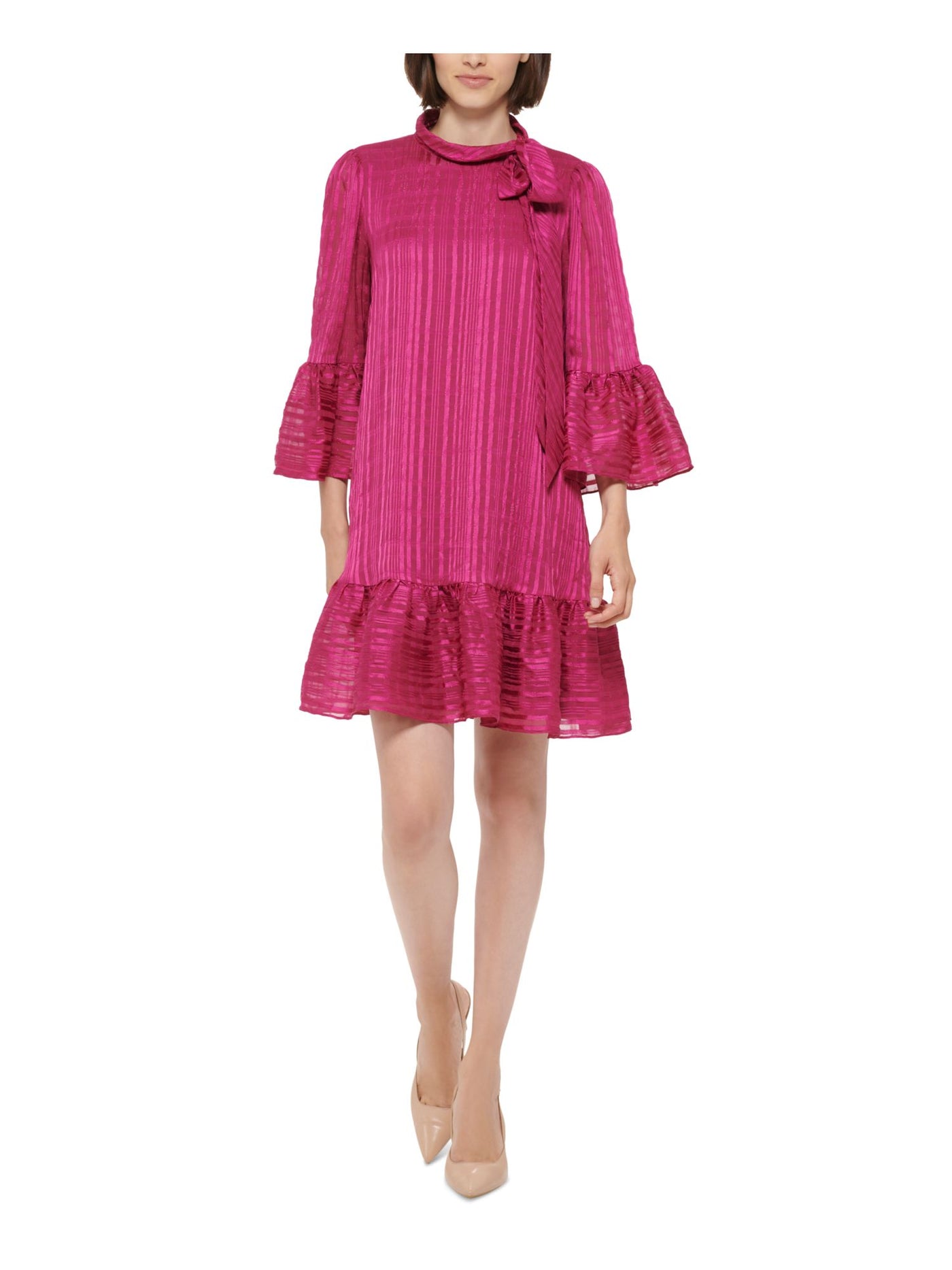 CALVIN KLEIN Womens Pink Striped Bell Sleeve Tie Neck Above The Knee Cocktail Shift Dress 14